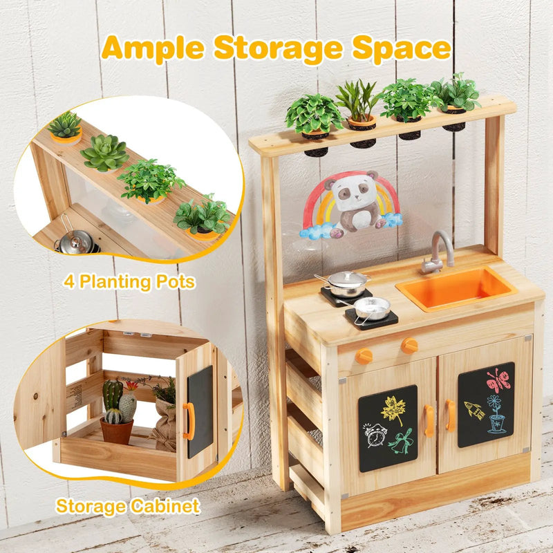 Kids Mud Kitchen Fir Wood Playset with Planting Pots and Blackboards-Natural by DirectDeals