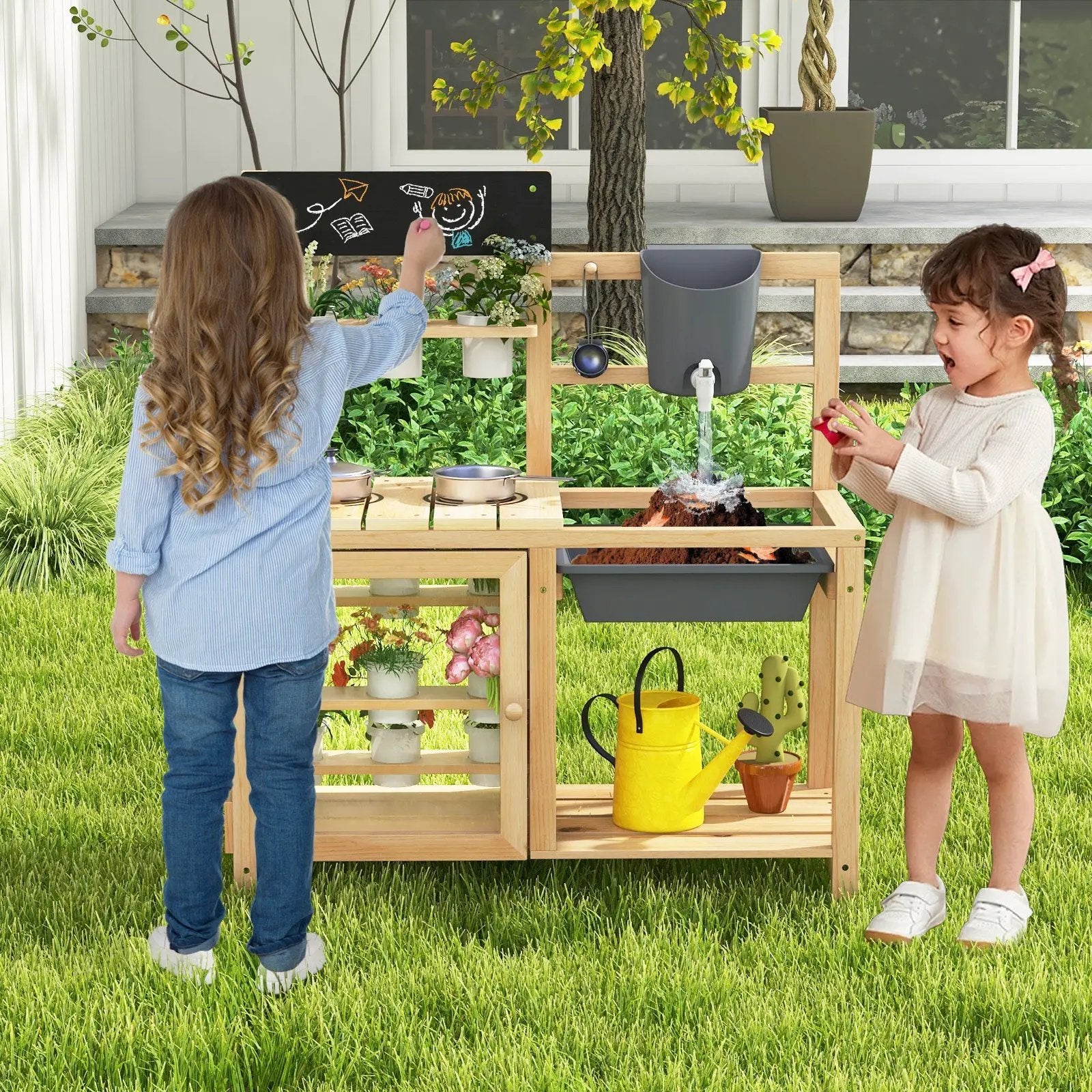Mud Kitchen Playset with Sink and Plants Observation Room-Natural by DirectDeals