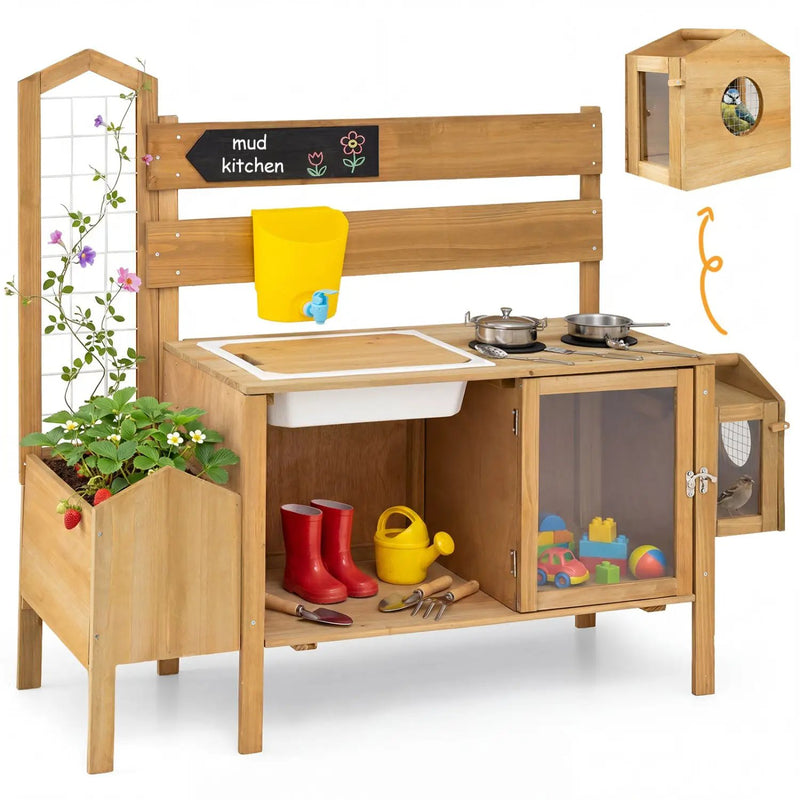 Wooden Mud Kitchen for Kids with Detachable Bird Cage by DirectDeals