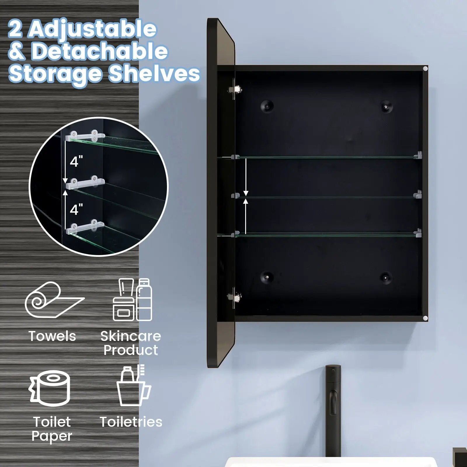 20 x30 Inch Multi-Functional Bathroom Mirror Cabinet with Adjustable Shelves-Black by DirectDeals
