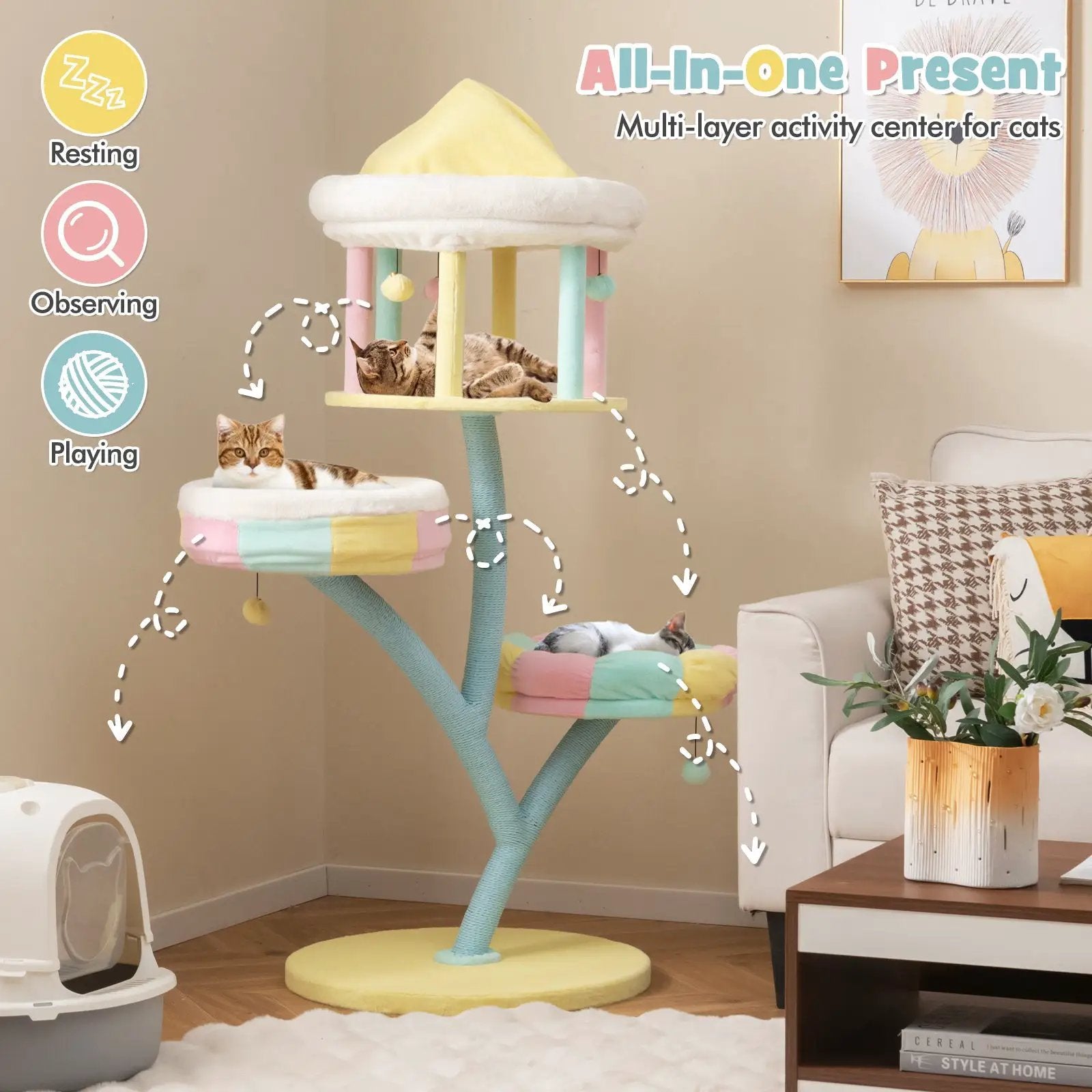 Multi-Layer Cat Tree with 2 Removable Perches Scratching Posts-Color by DirectDeals