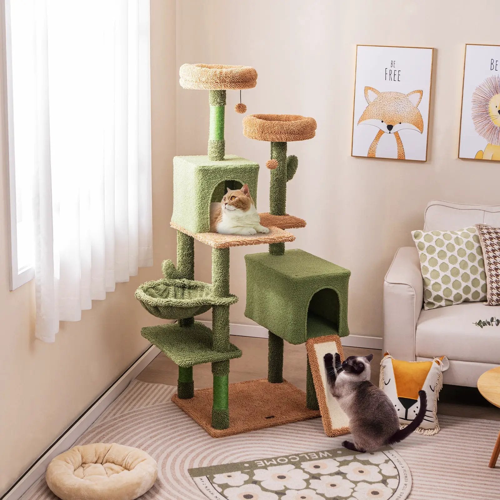 Multi-level Cactus Cat Tree with Scratching Posts Ladder Double Condos and Toys Bed-Green by DirectDeals