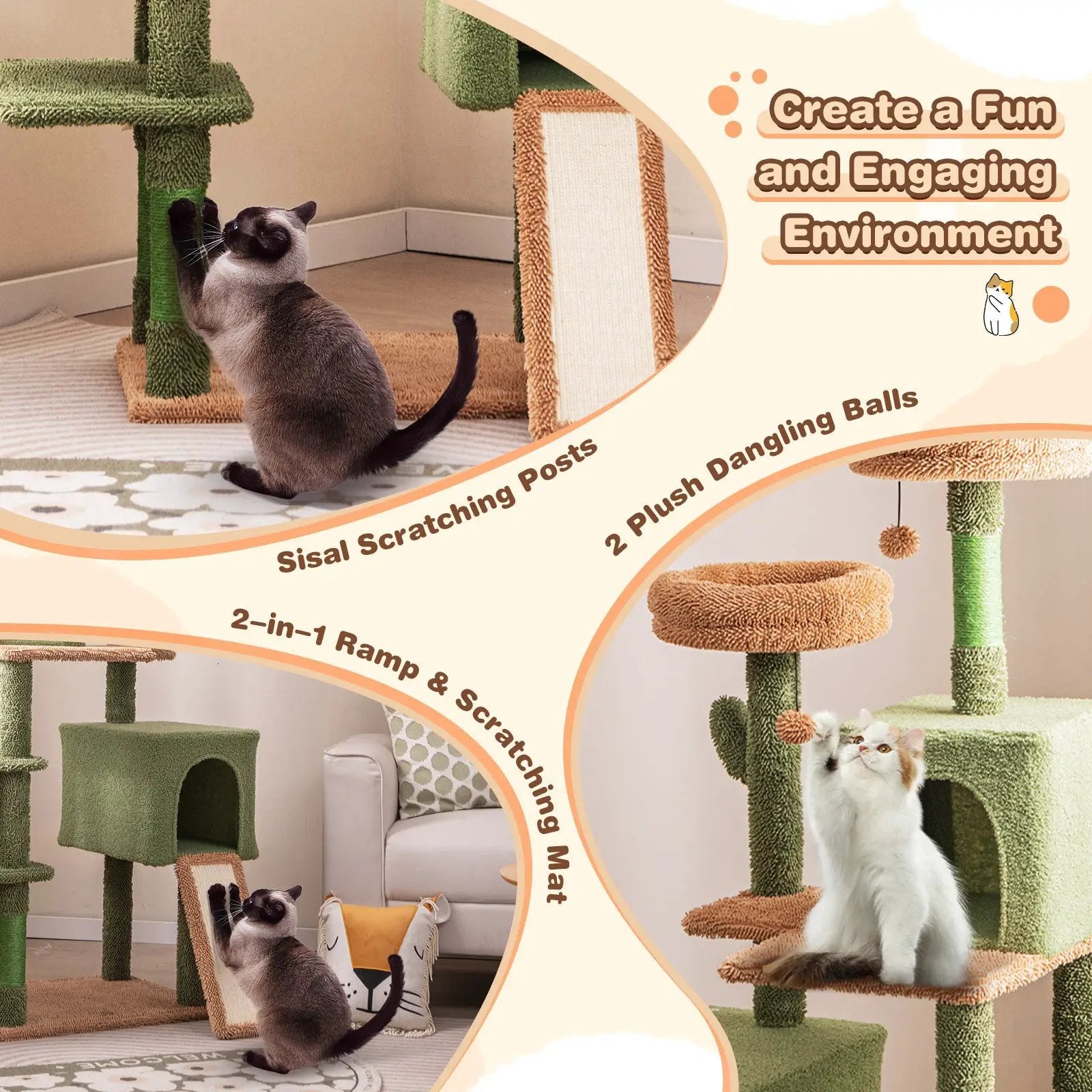 Multi-level Cactus Cat Tree with Scratching Posts Ladder Double Condos and Toys Bed-Green by DirectDeals
