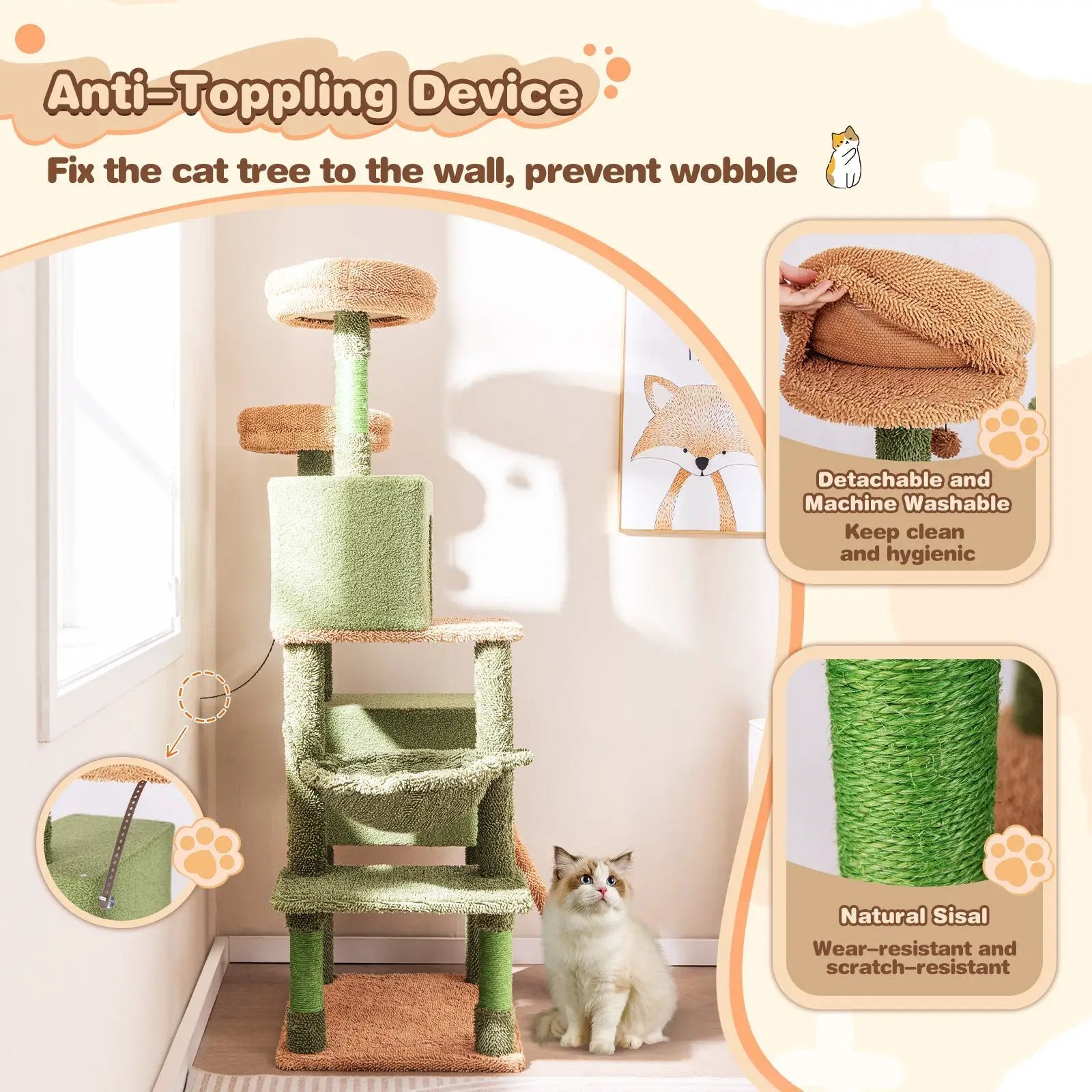 Multi-level Cactus Cat Tree with Scratching Posts Ladder Double Condos and Toys Bed-Green by DirectDeals