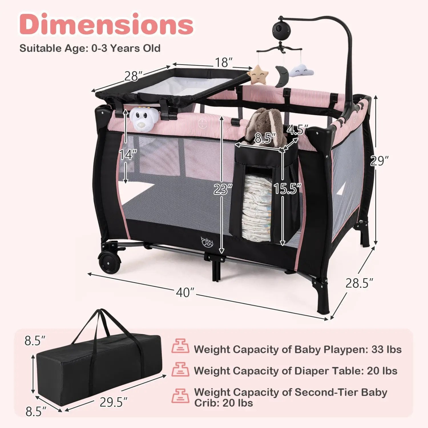 Baby Playpen with Changing Table and Bassinet - Pink by DirectDeals