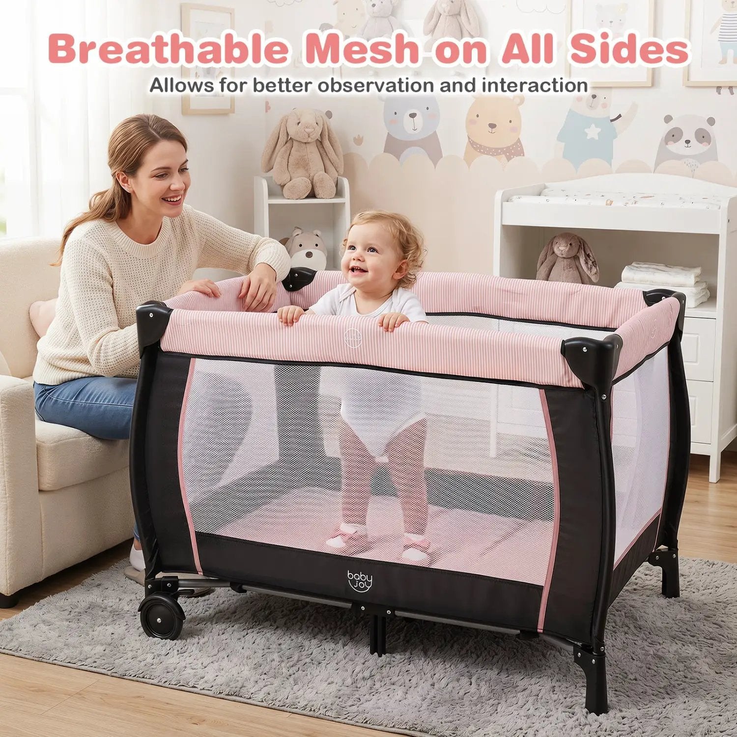 Baby Playpen with Changing Table and Bassinet - Pink by DirectDeals