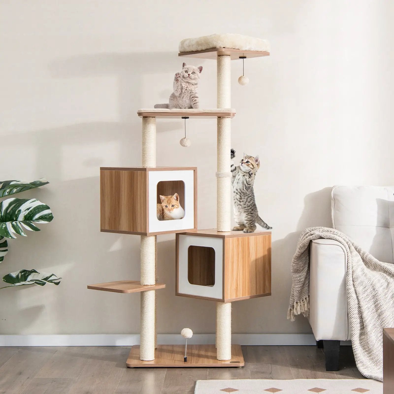Modern Wooden Cat Tree with Perch Condos and Washable Cushions-Natural by DirectDeals