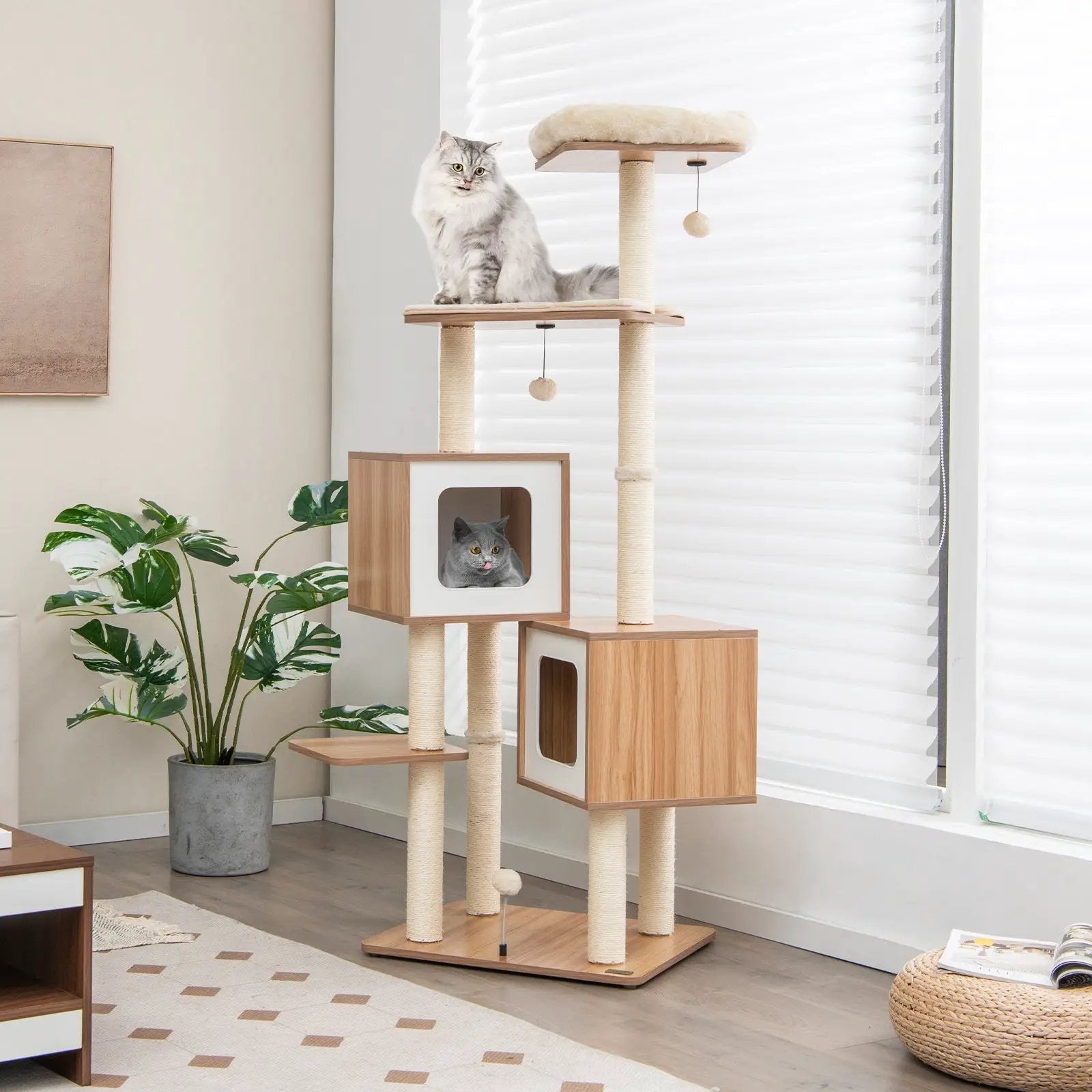 Modern Wooden Cat Tree with Perch Condos and Washable Cushions-Natural by DirectDeals