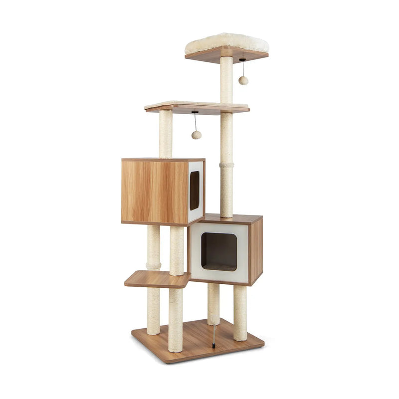 Modern Wooden Cat Tree with Perch Condos and Washable Cushions-Natural by DirectDeals
