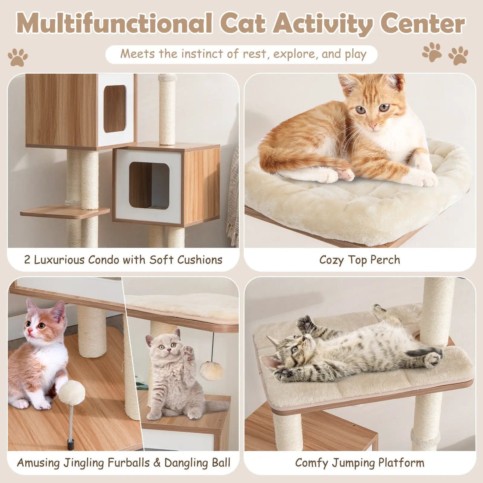 Modern Wooden Cat Tree with Perch Condos and Washable Cushions-Natural by DirectDeals