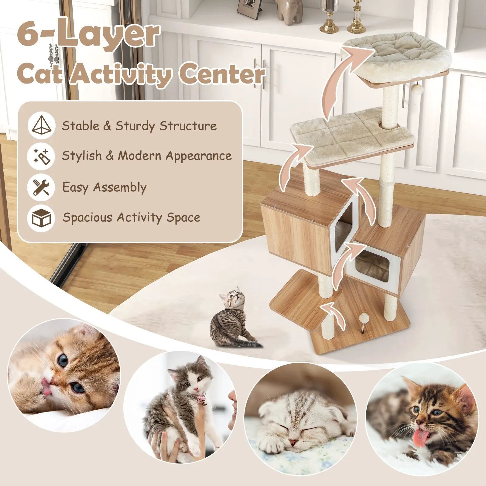 Modern Wooden Cat Tree with Perch Condos and Washable Cushions-Natural by DirectDeals