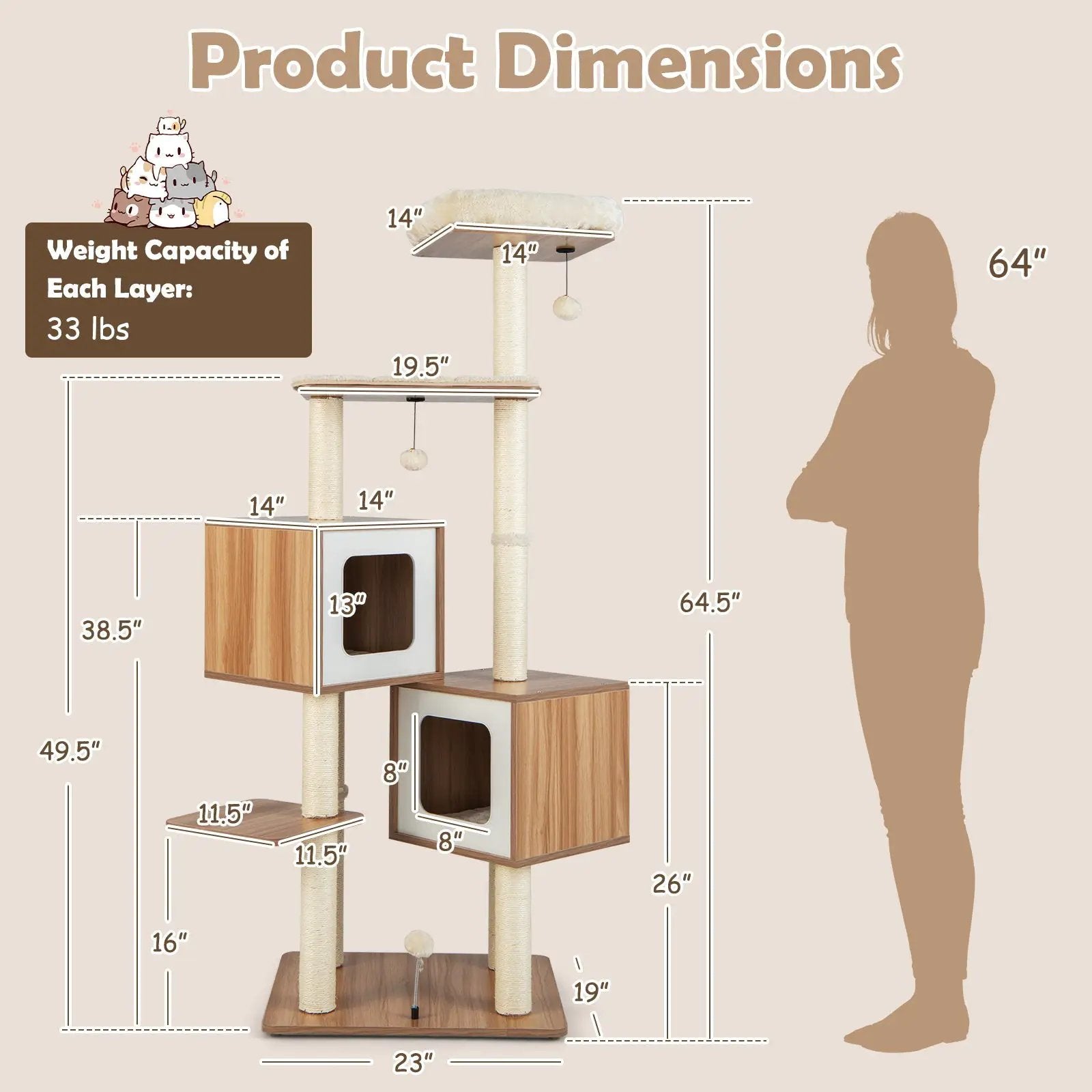Modern Wooden Cat Tree with Perch Condos and Washable Cushions-Natural by DirectDeals