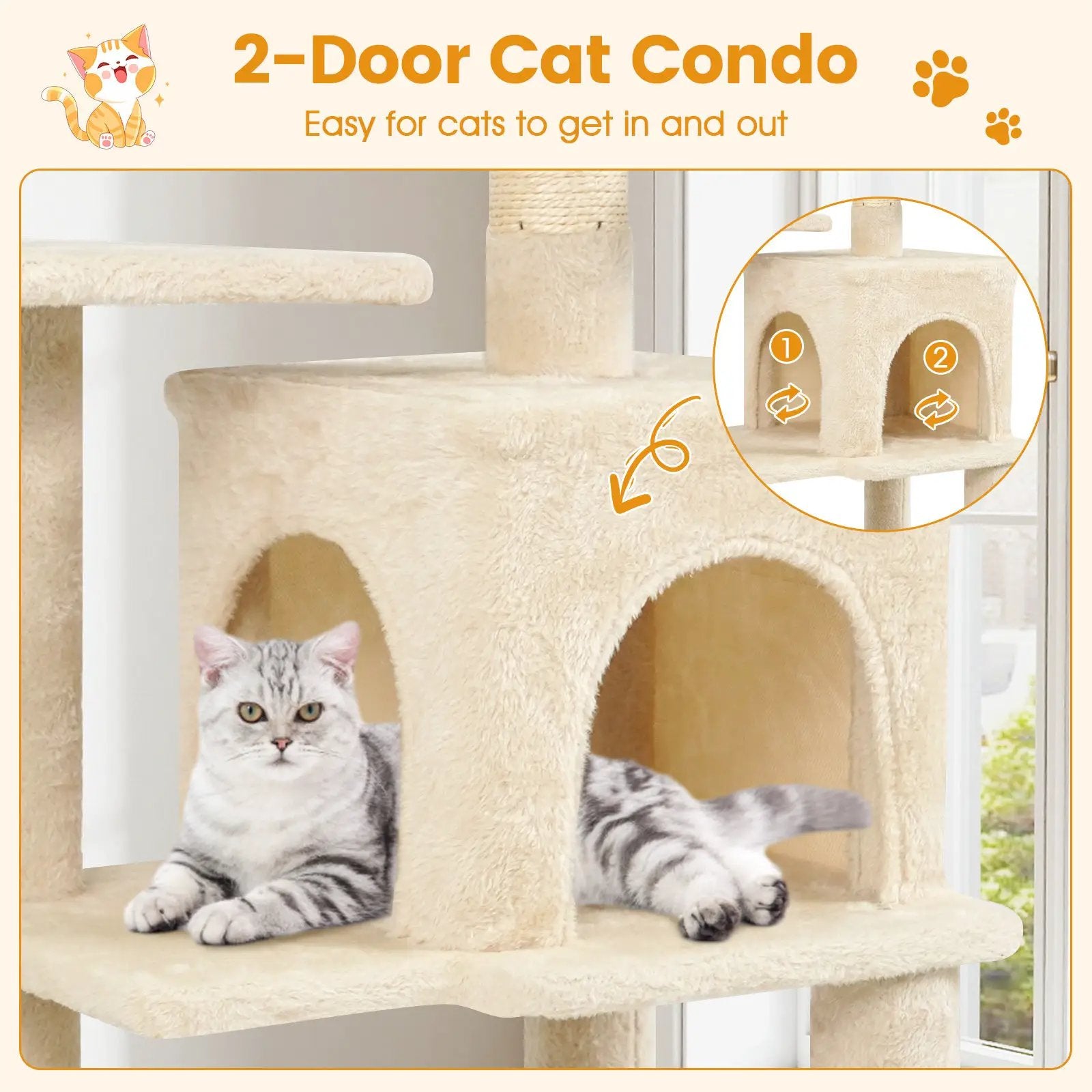 Multi-Level Cat Tower with 2-Door Condo and Padded Top Perch by DirectDeals