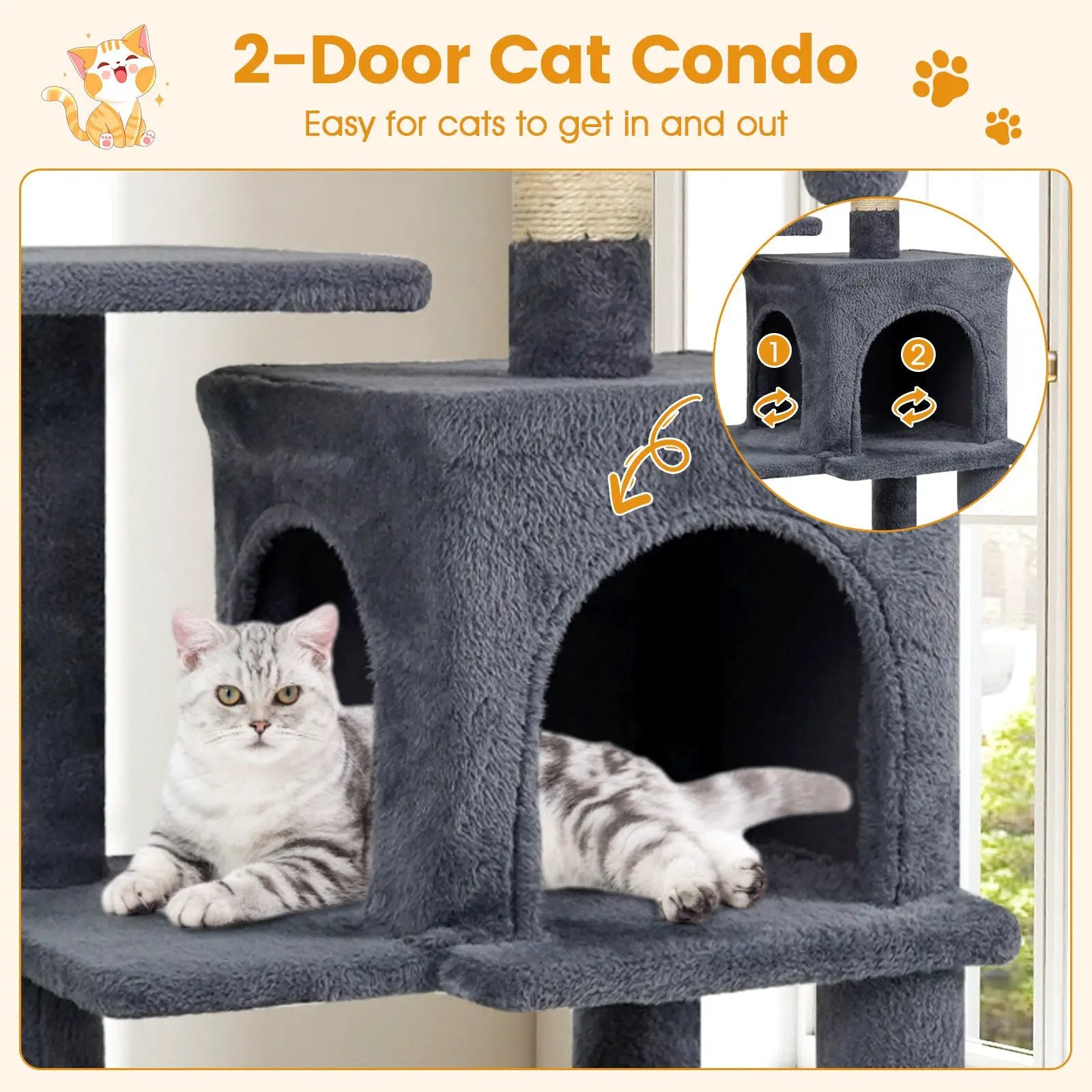 Multi-Level Cat Tower with 2-Door Condo and Padded Top Perch by DirectDeals