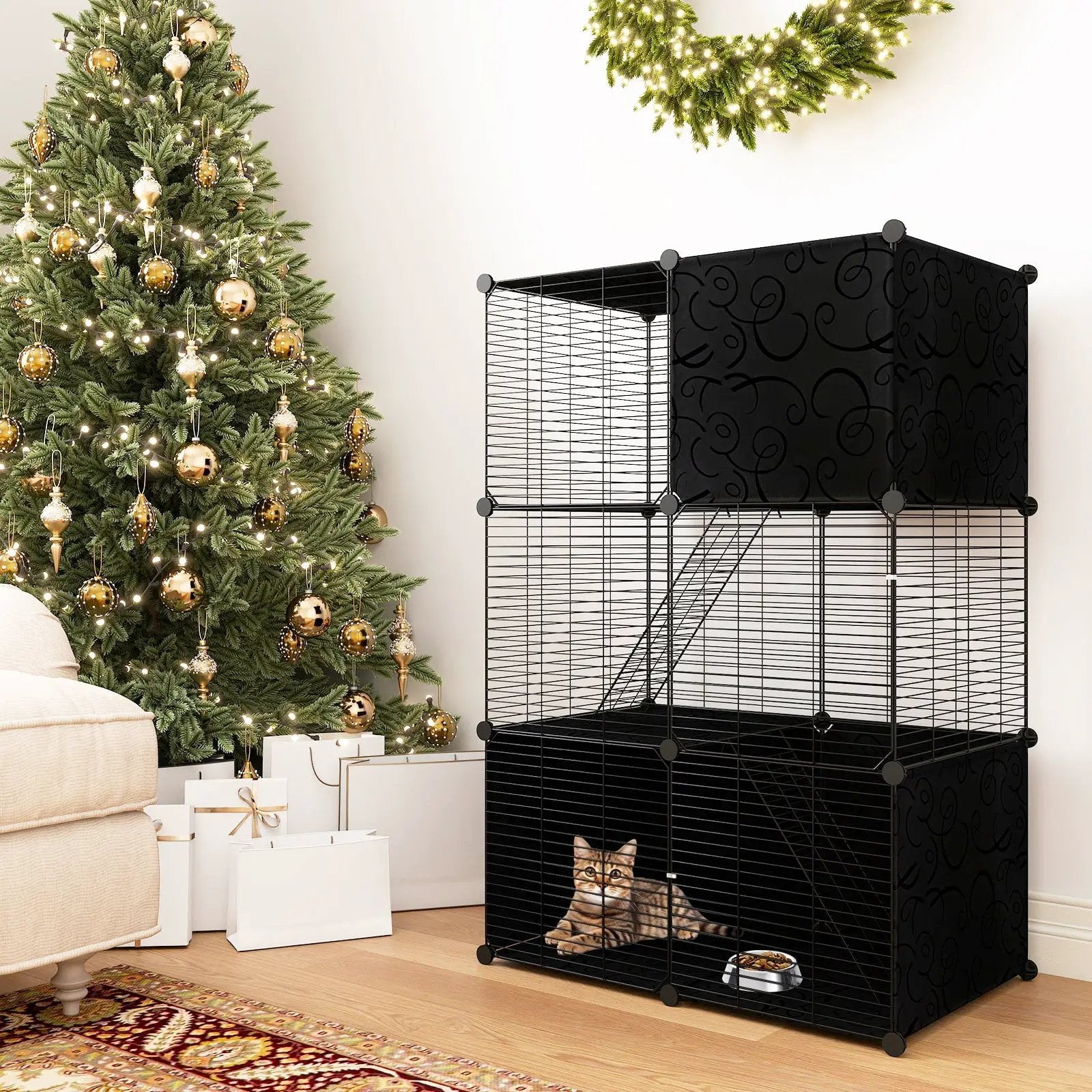 Multi-Level Cat Tower with 2-Door Condo and Hammock-Black by DirectDeals