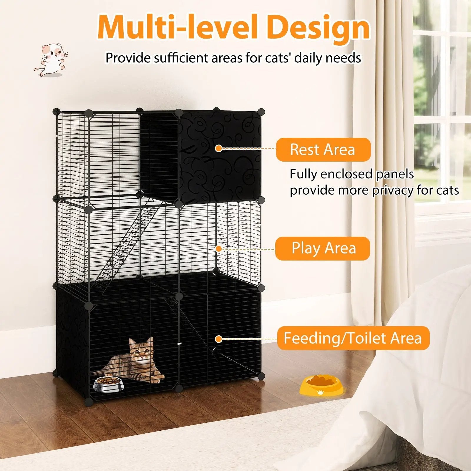 Multi-Level Cat Tower with 2-Door Condo and Hammock-Black by DirectDeals