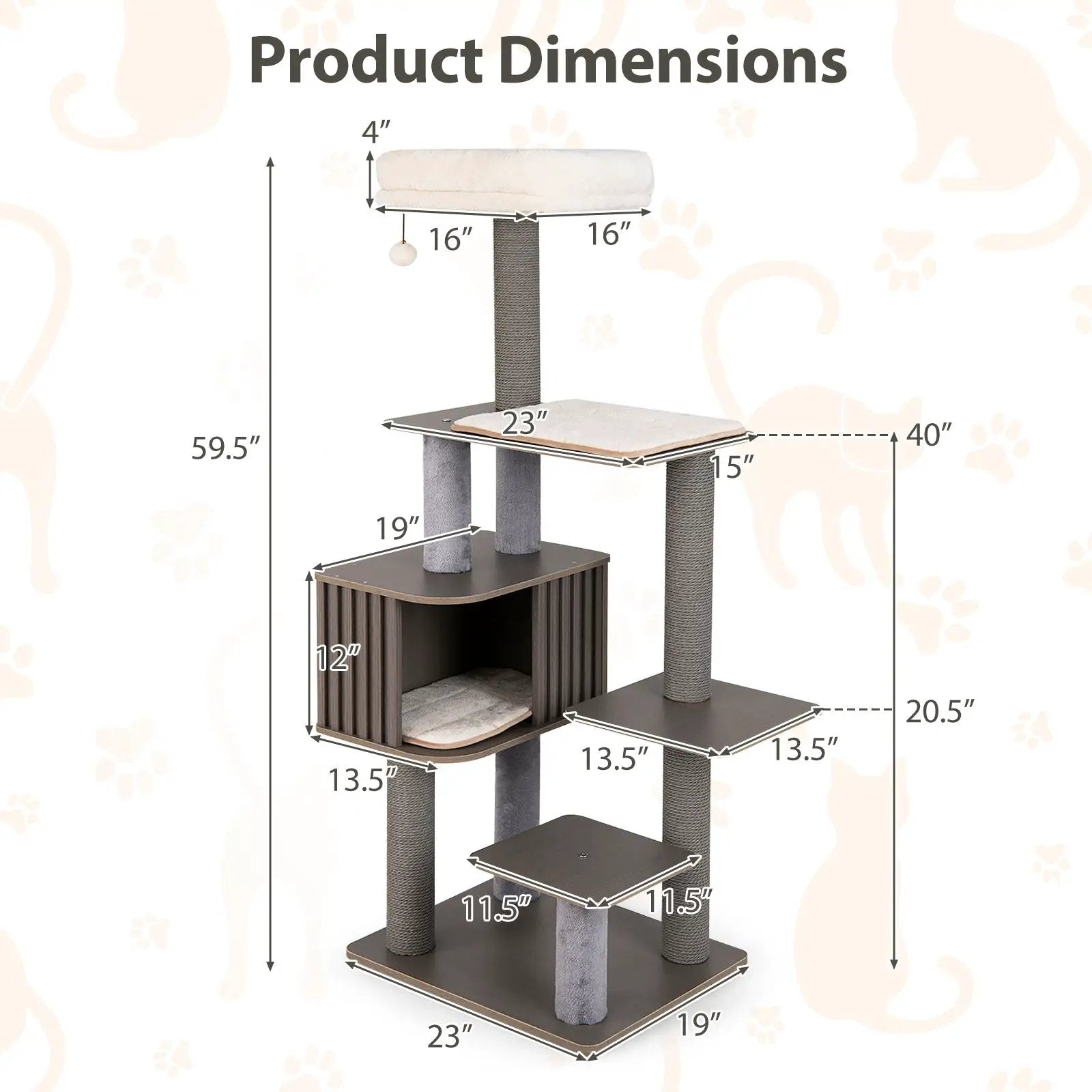 Multi-level Cat Tree for Indoor Cat 59.5 inch Tall Cat Tower with Cushion Top Perch by DirectDeals