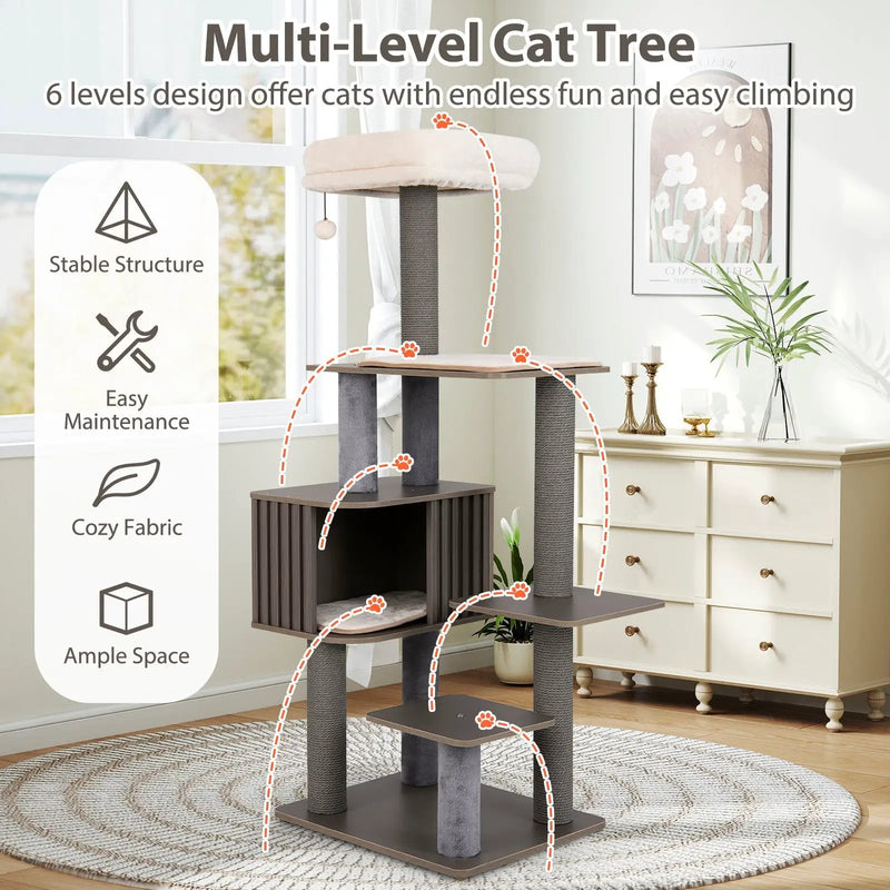 Multi-level Cat Tree for Indoor Cat 59.5 inch Tall Cat Tower with Cushion Top Perch by DirectDeals