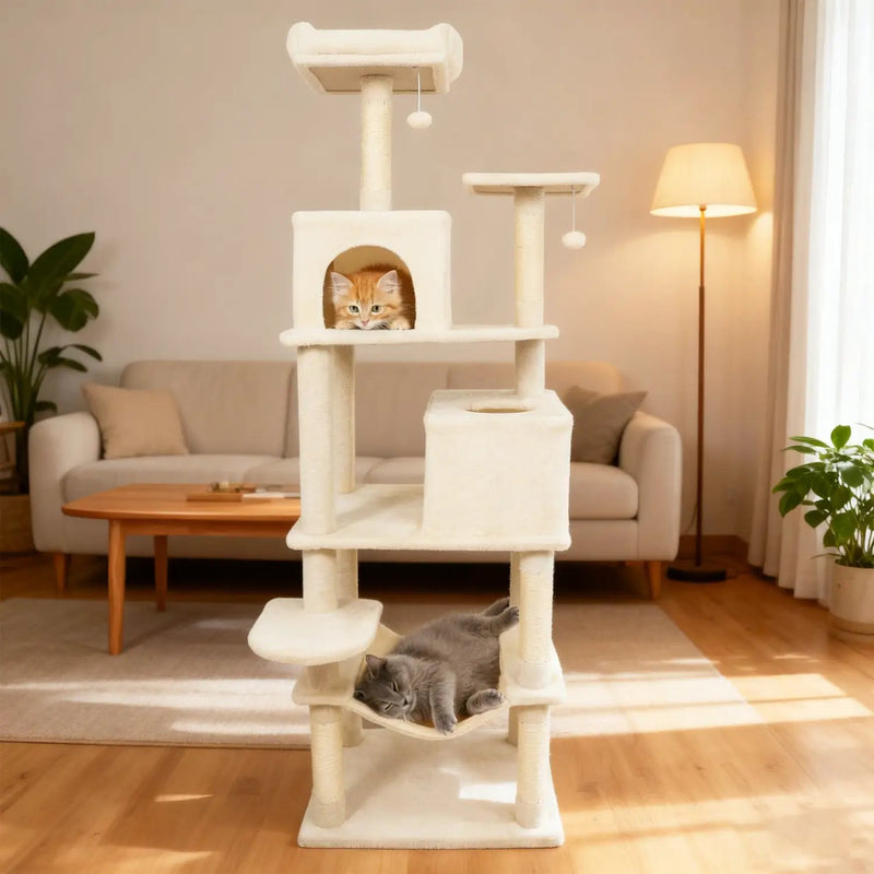 Multi-level Cat Tree Modern Cat Tower with Upholstered Perch and 2 Cat Condo by DirectDeals