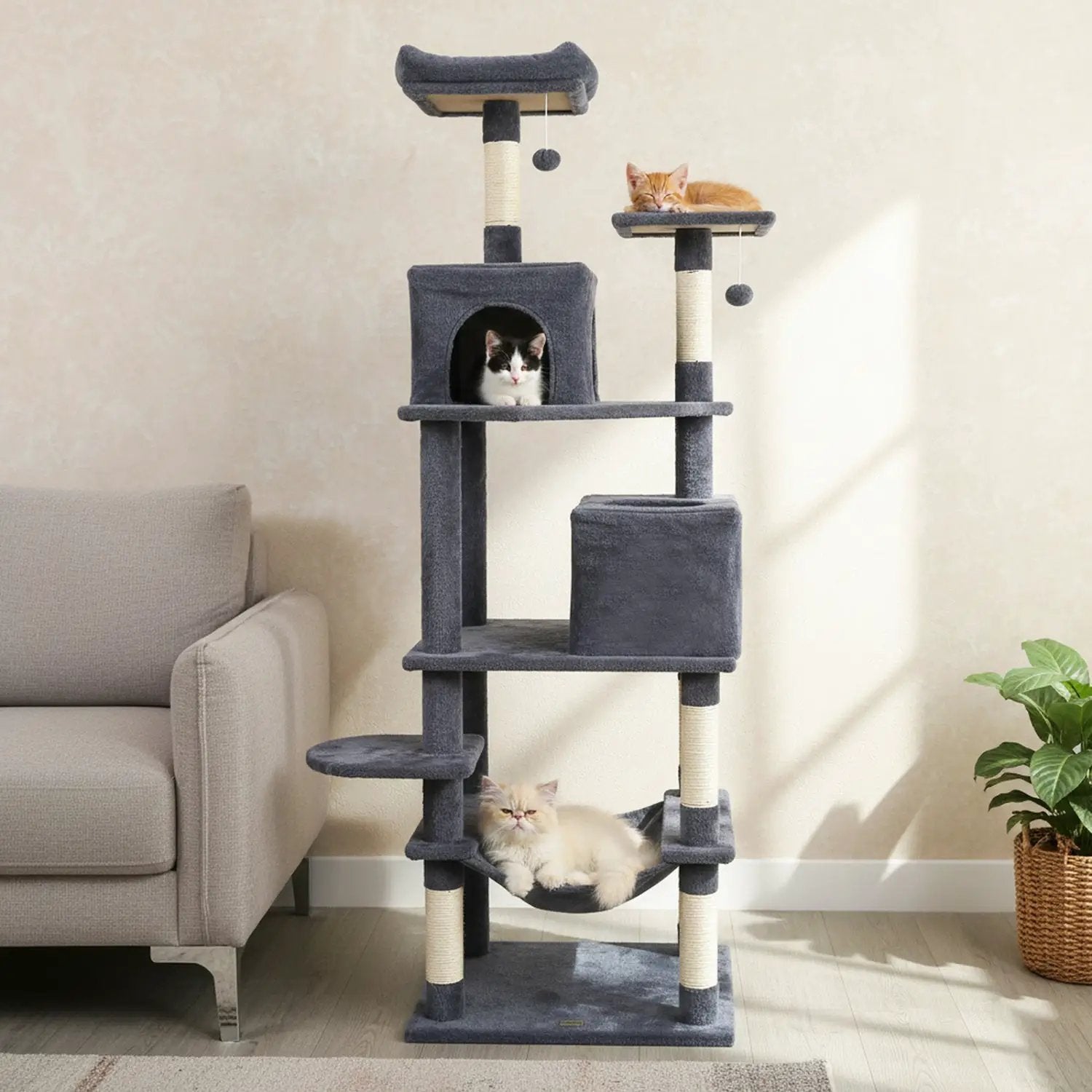 Multi-level Cat Tree Modern Cat Tower with Upholstered Perch and 2 Cat Condo by DirectDeals