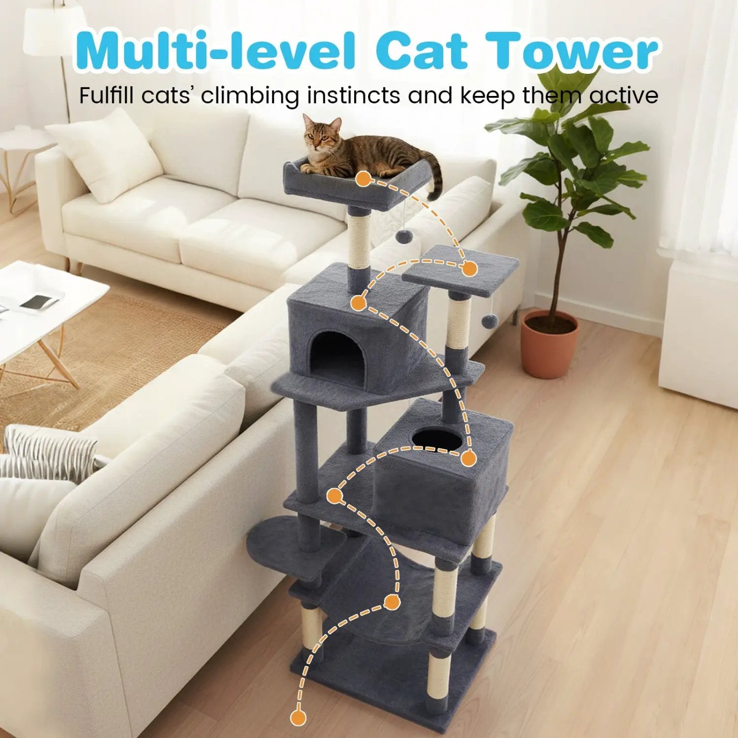 Multi-level Cat Tree Modern Cat Tower with Upholstered Perch and 2 Cat Condo by DirectDeals