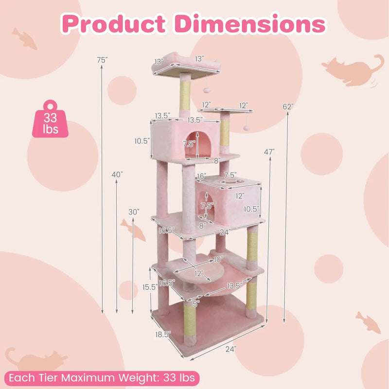 Multi-level Cat Tree Modern Cat Tower with Upholstered Perch and 2 Cat Condo by DirectDeals