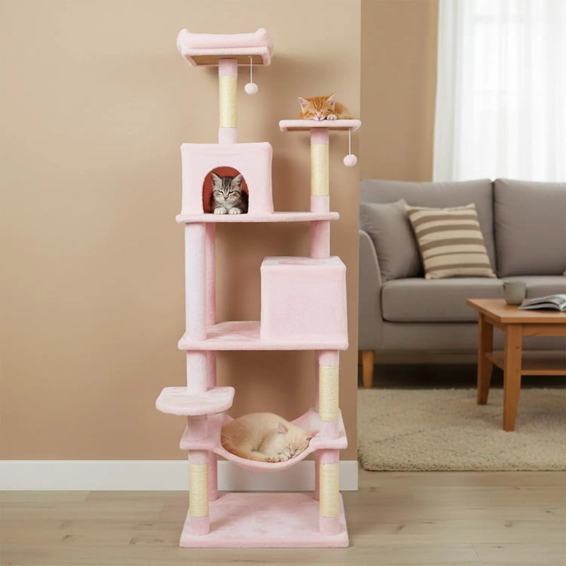 Multi-level Cat Tree Modern Cat Tower with Upholstered Perch and 2 Cat Condo by DirectDeals