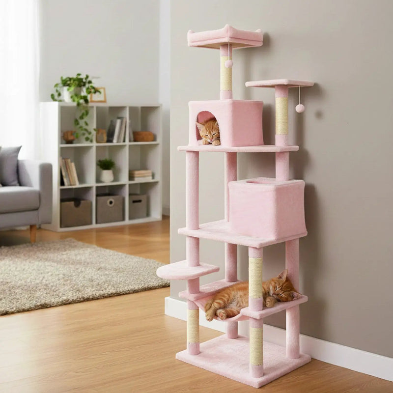 Multi-level Cat Tree Modern Cat Tower with Upholstered Perch and 2 Cat Condo by DirectDeals