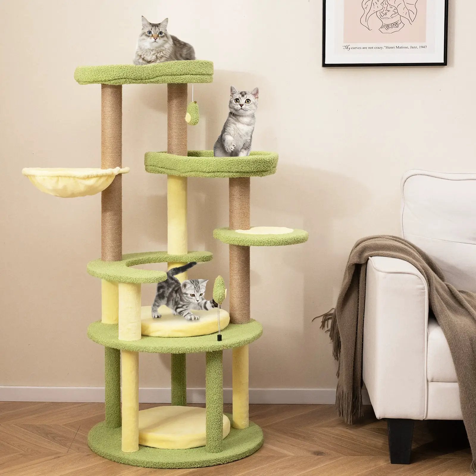 Multi-level Cat Tree Avocado Theme Cat Tower with Wide Perch Rotatable Basket-Green by DirectDeals