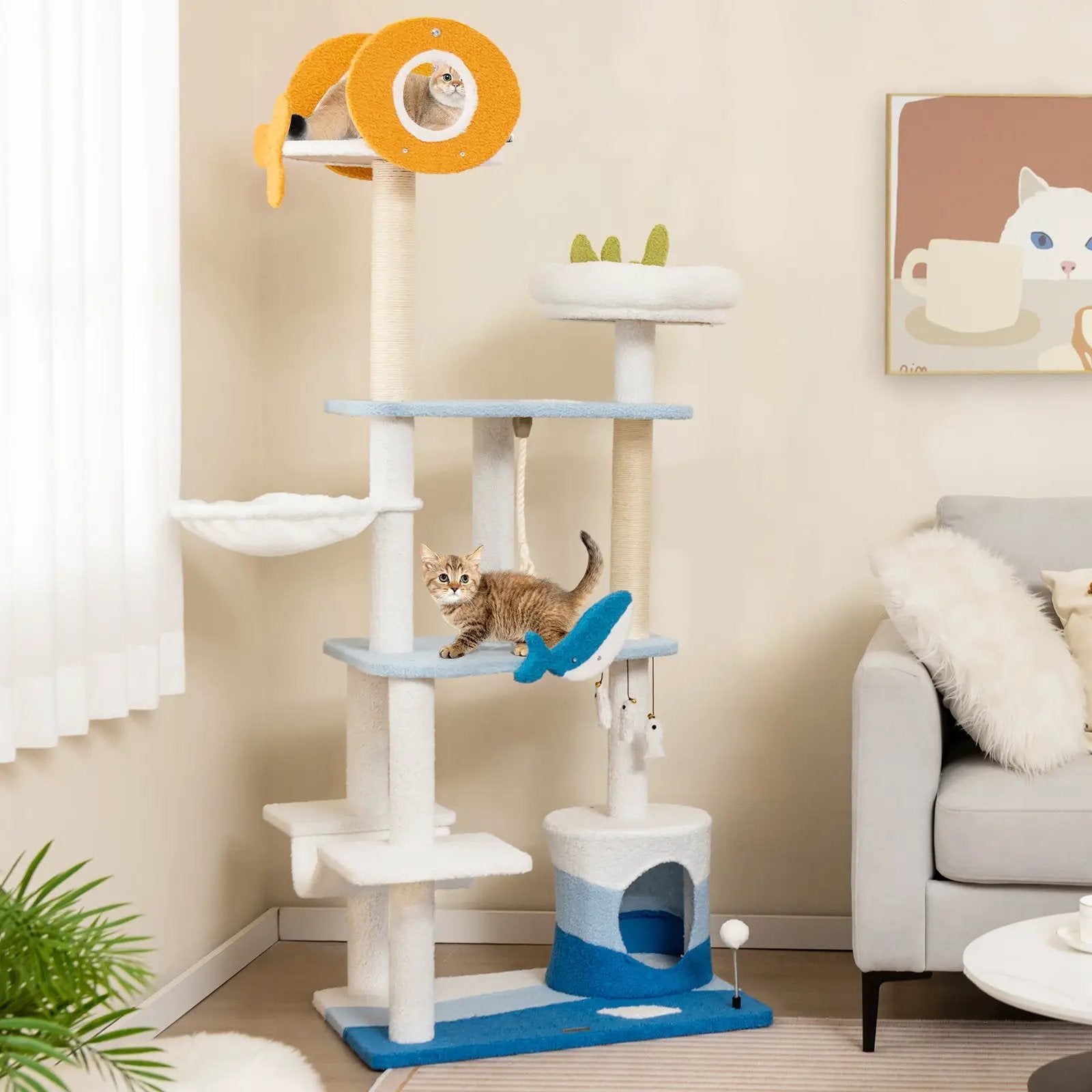 Multi-level Ocean-themed Cat Tree Tower with Sisal Covered Scratching Posts-Blue by DirectDeals