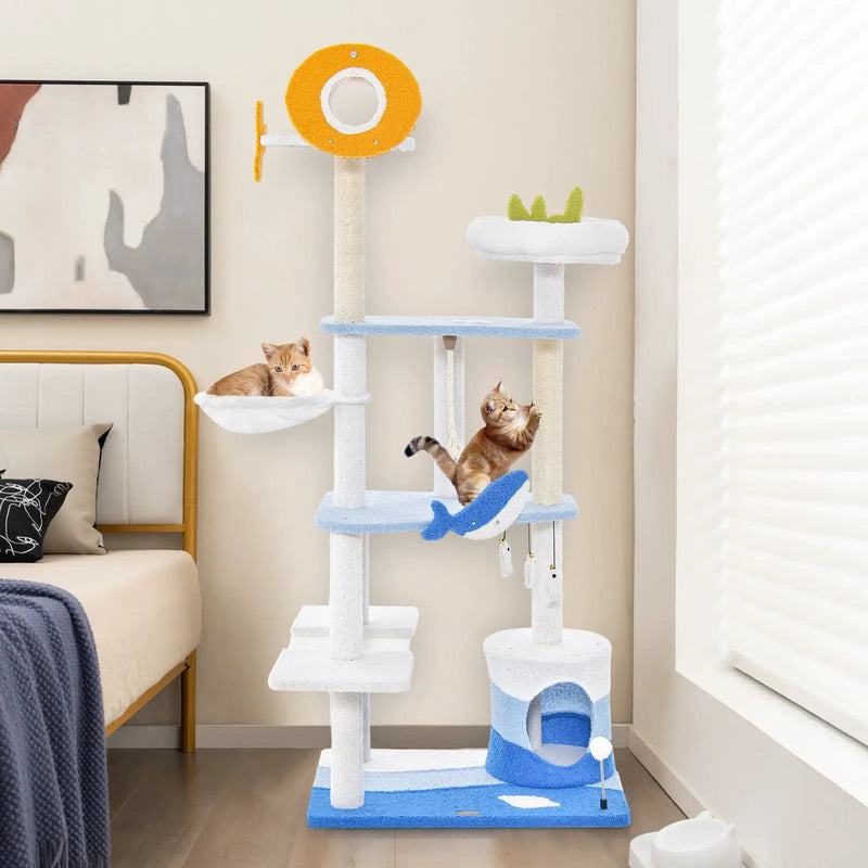 Multi-level Ocean-themed Cat Tree Tower with Sisal Covered Scratching Posts-Blue by DirectDeals