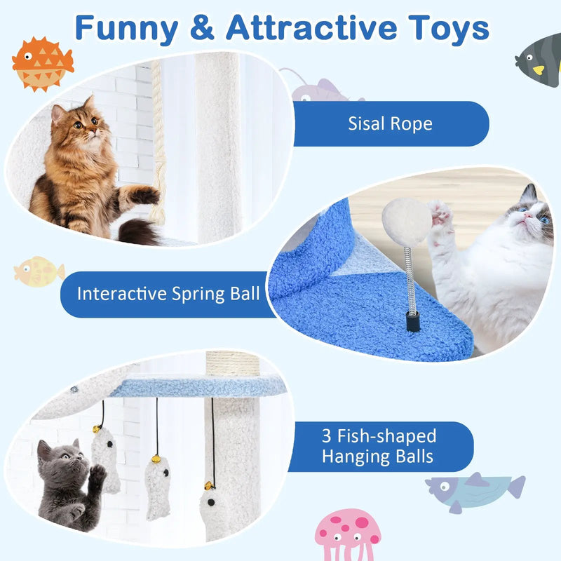 Multi-level Ocean-themed Cat Tree Tower with Sisal Covered Scratching Posts-Blue by DirectDeals