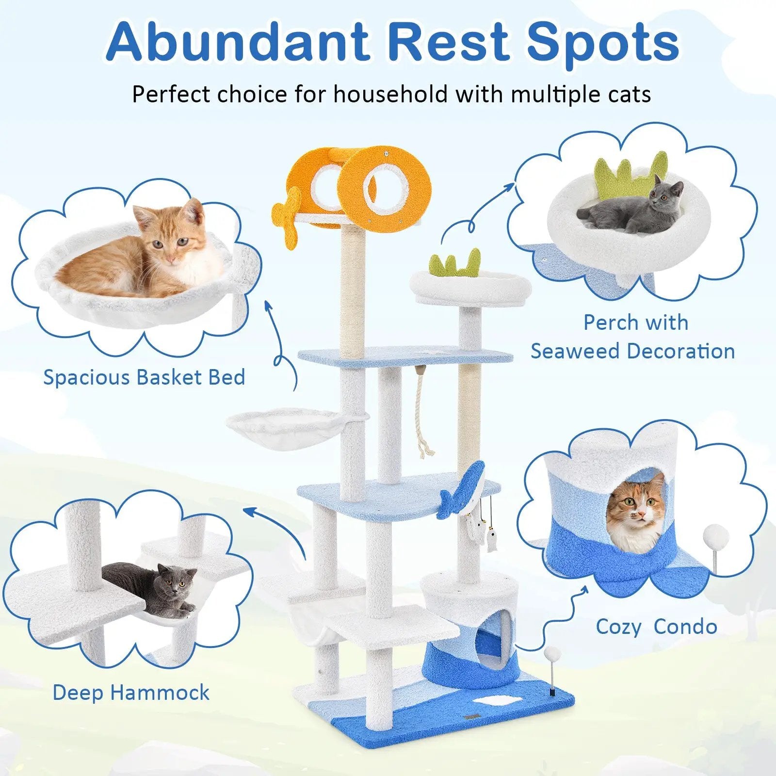 Multi-level Ocean-themed Cat Tree Tower with Sisal Covered Scratching Posts-Blue by DirectDeals