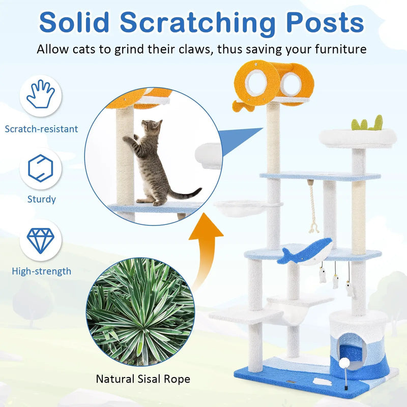 Multi-level Ocean-themed Cat Tree Tower with Sisal Covered Scratching Posts-Blue by DirectDeals