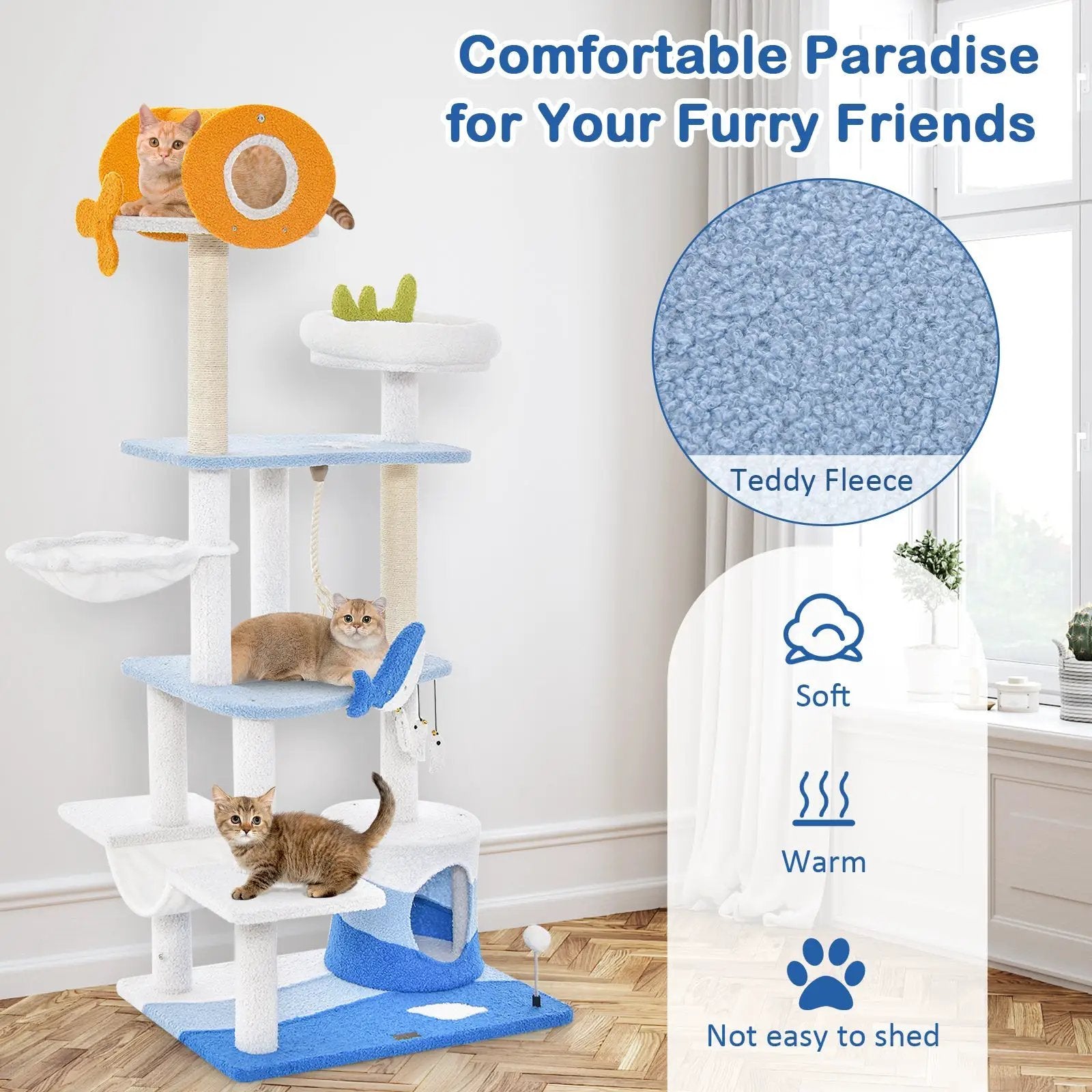 Multi-level Ocean-themed Cat Tree Tower with Sisal Covered Scratching Posts-Blue by DirectDeals
