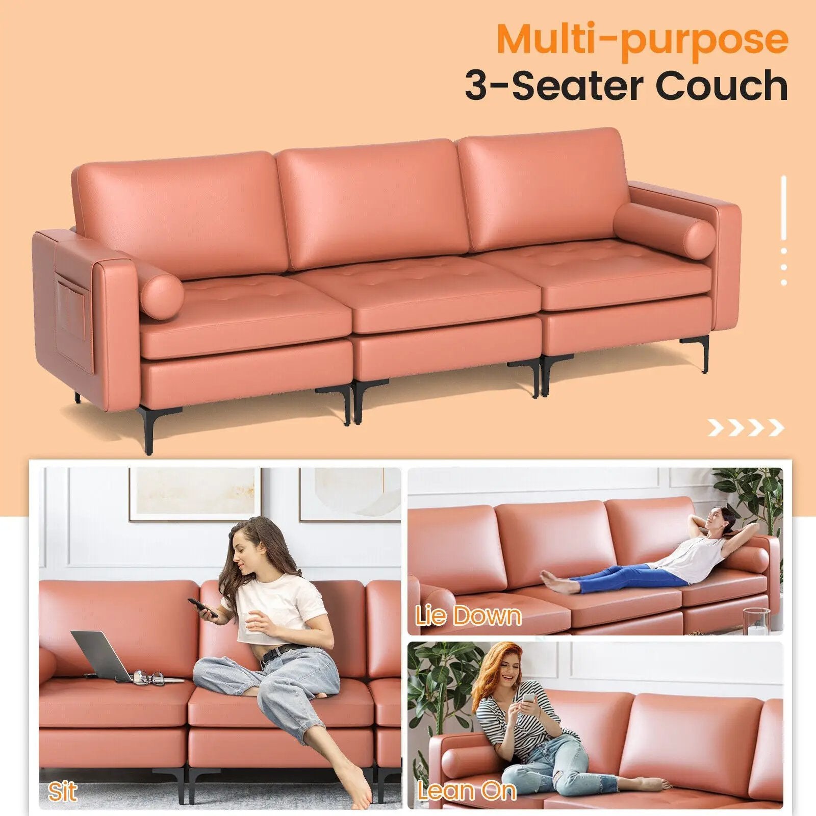 3-Seat Modular Sofa with Storage Pocket and Metal Legs by DirectDeals