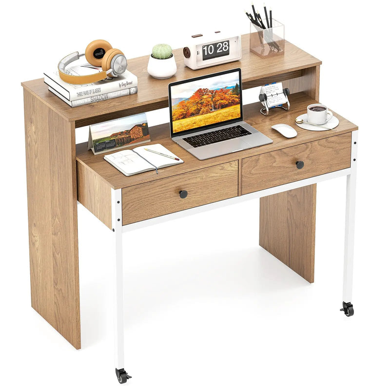 Extendable Computer Desk with Pull Out Secondary Desk-Natural by DirectDeals