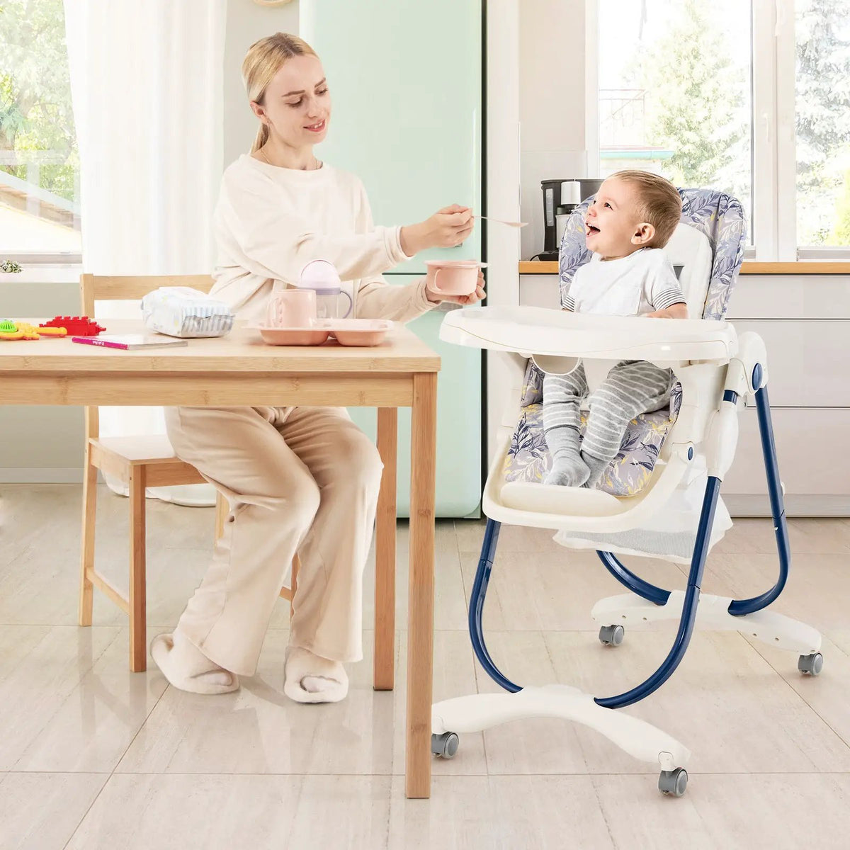 Multifunctional Folding Baby High Chair with Rolling Wheels and Adjustable Height by DirectDeals