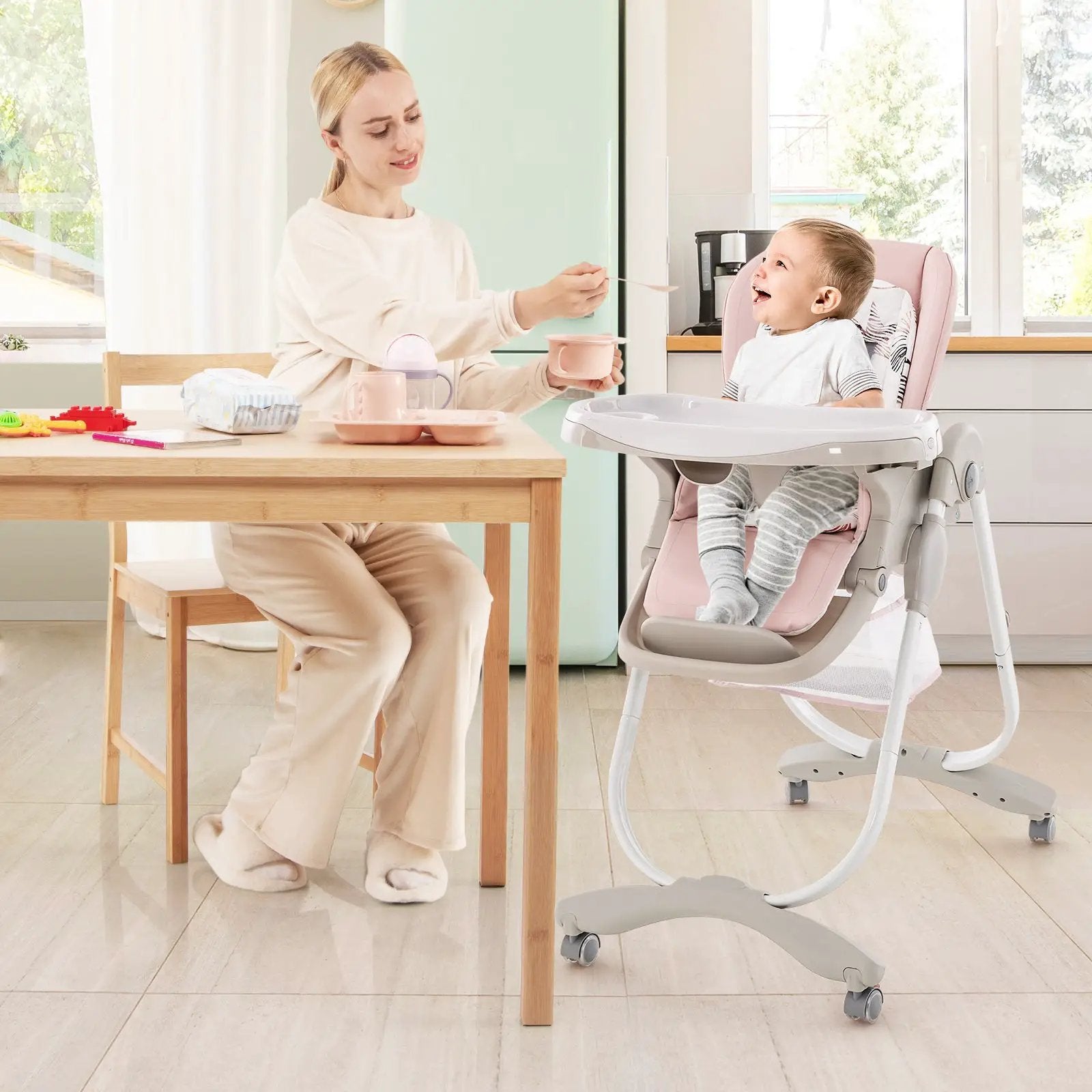 Multifunctional Folding Baby High Chair with Rolling Wheels and Adjustable Height by DirectDeals
