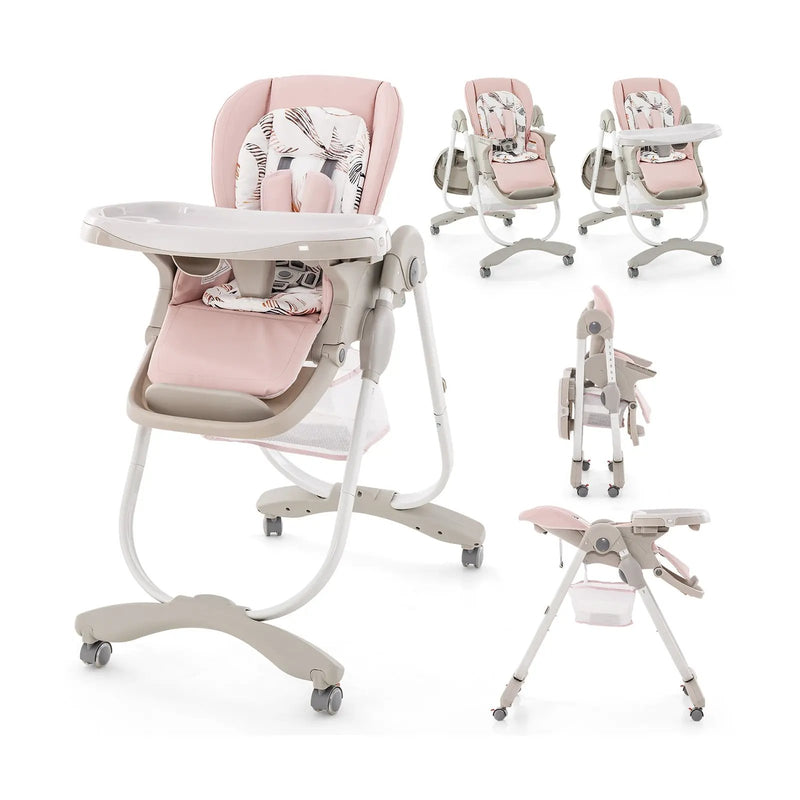 Multifunctional Folding Baby High Chair with Rolling Wheels and Adjustable Height by DirectDeals