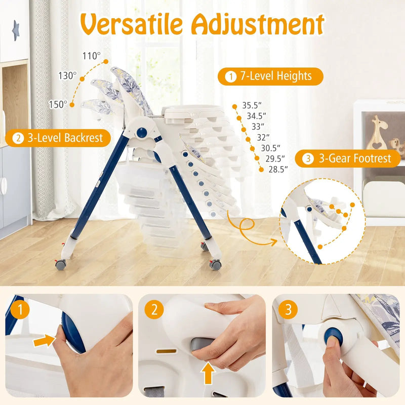 Multifunctional Folding Baby High Chair with Rolling Wheels and Adjustable Height by DirectDeals