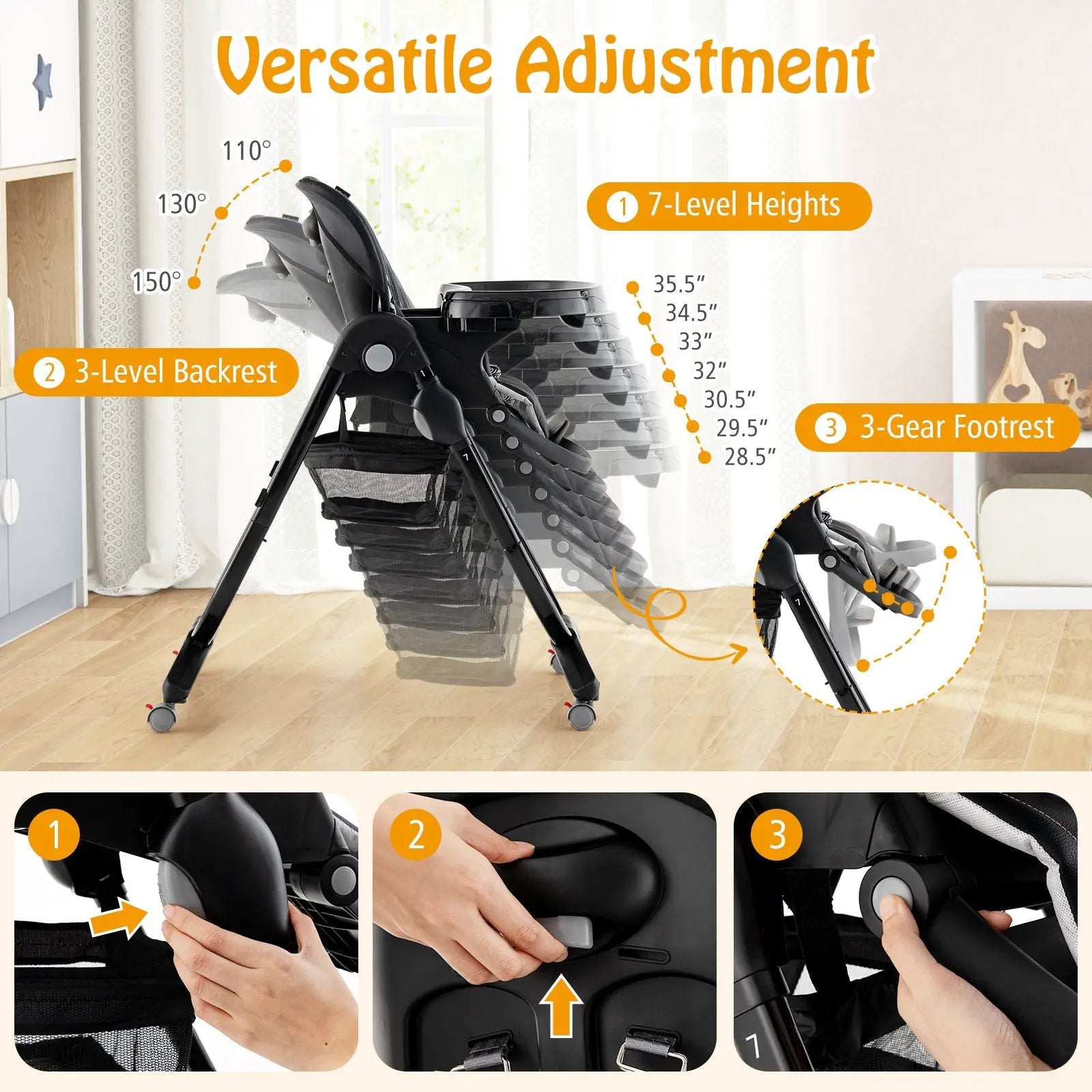 Multifunctional Folding Baby High Chair with Rolling Wheels and Adjustable Height by DirectDeals