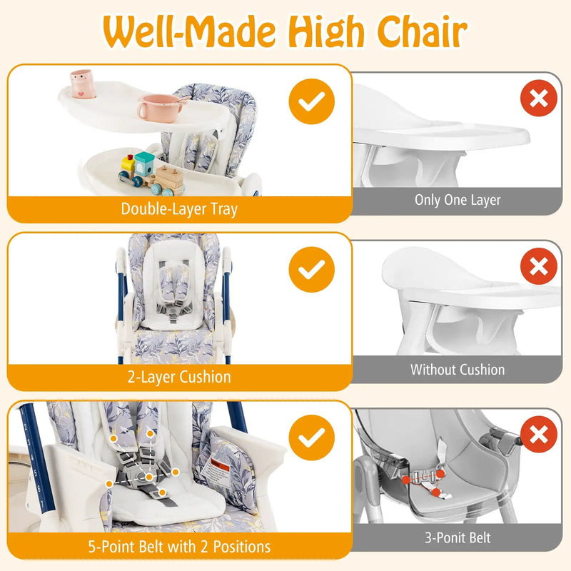 Multifunctional Folding Baby High Chair with Rolling Wheels and Adjustable Height by DirectDeals