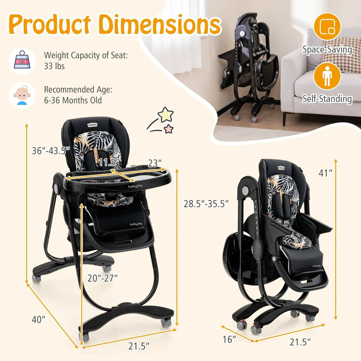 Multifunctional Folding Baby High Chair with Rolling Wheels and Adjustable Height by DirectDeals