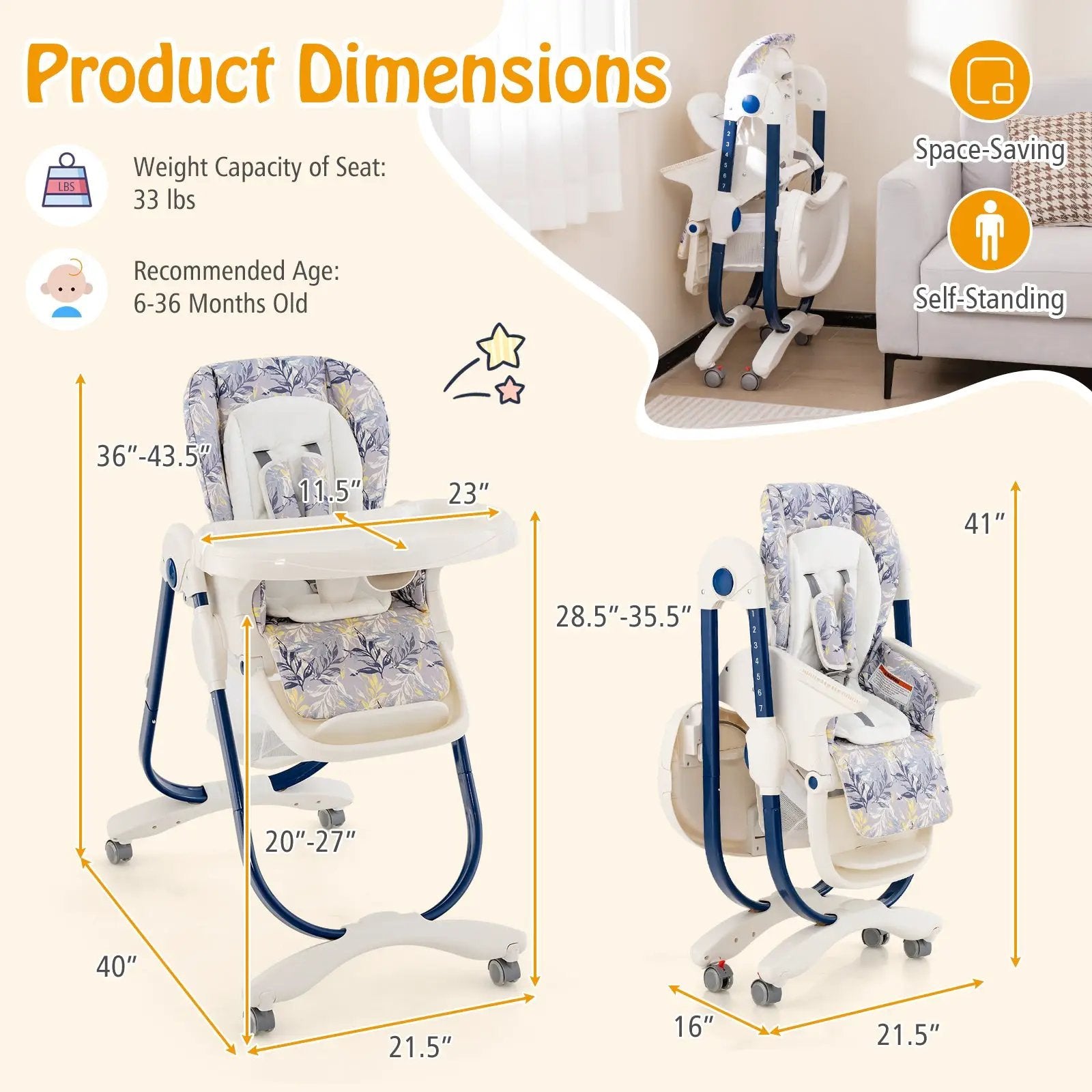 Multifunctional Folding Baby High Chair with Rolling Wheels and Adjustable Height by DirectDeals