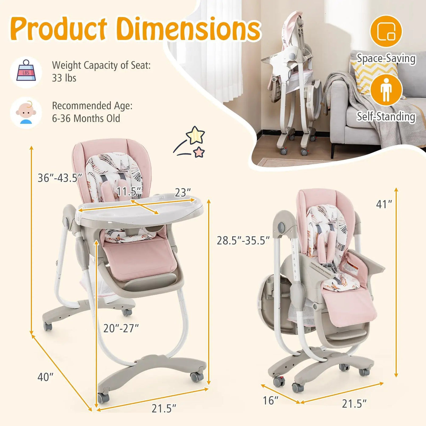 Multifunctional Folding Baby High Chair with Rolling Wheels and Adjustable Height by DirectDeals