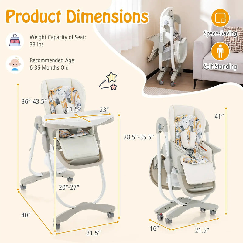 Multifunctional Folding Baby High Chair with Rolling Wheels and Adjustable Height by DirectDeals
