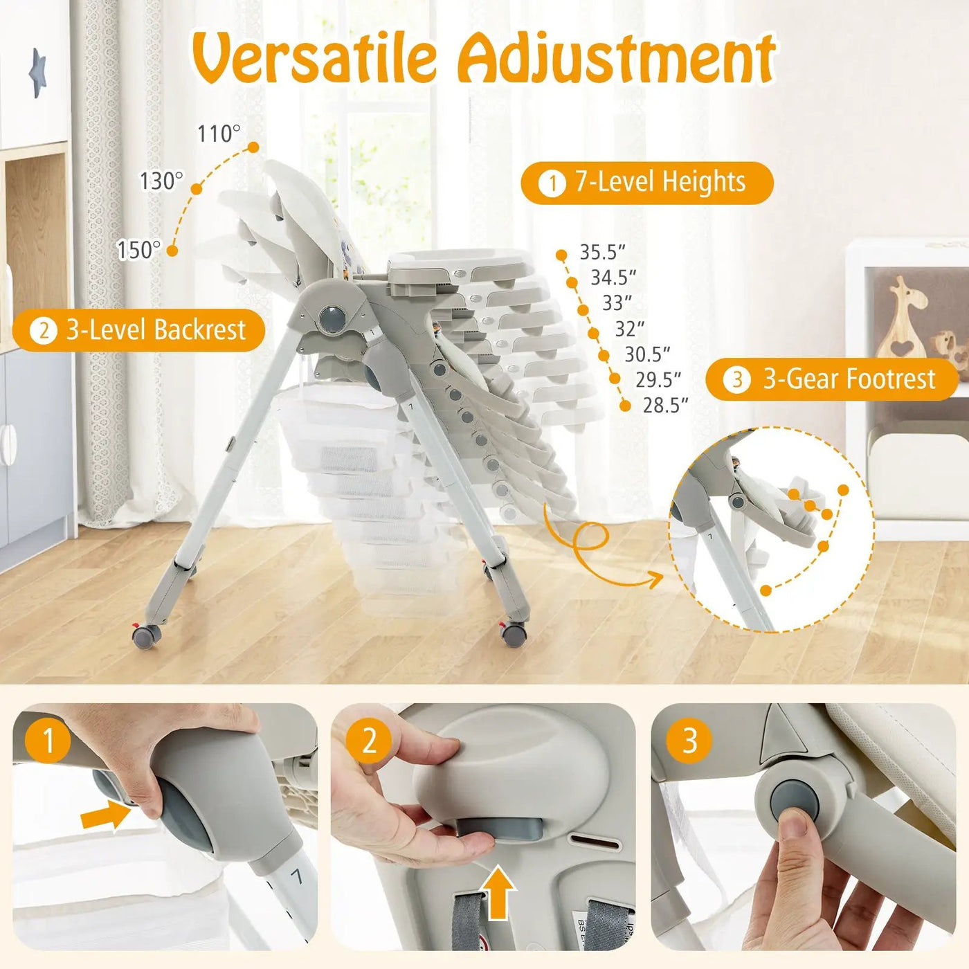 Multifunctional Folding Baby High Chair with Rolling Wheels and Adjustable Height by DirectDeals