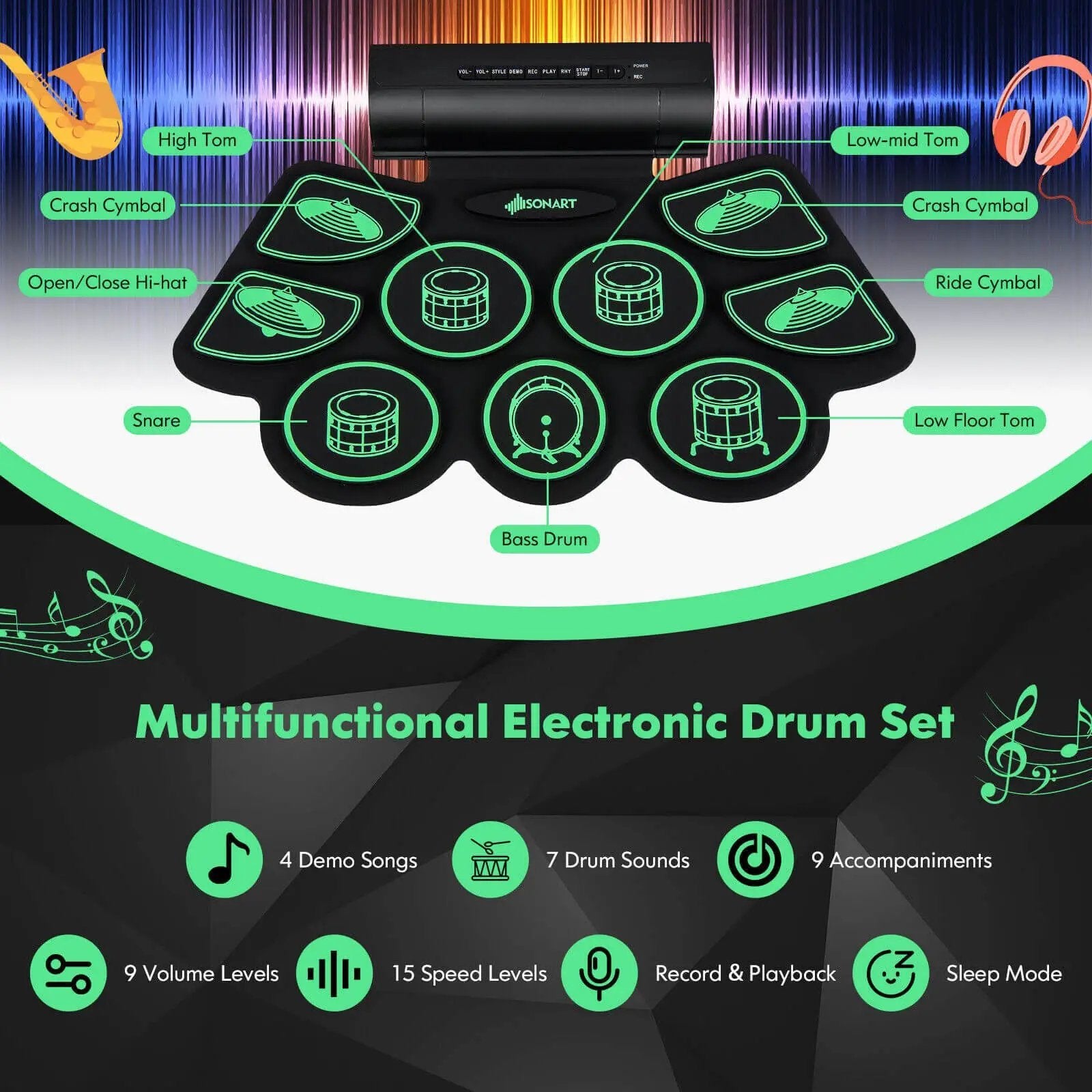 Electronic Drum Set with 2 Build-in Stereo Speakers for Kids by DirectDeals
