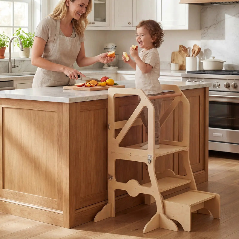Multifunctional Kids Kitchen Step Stool with Removable Safety Bar and Fixing Buckles by DirectDeals